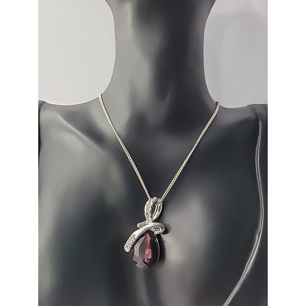 Vintage Necklace Pendant Silver Tone Chain‎ Purple White Crystal Jewelry Costume